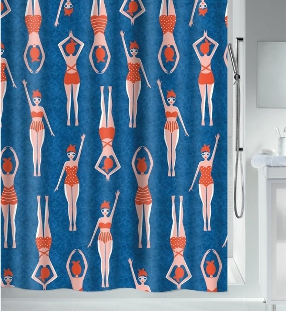 A repeating pattern of stylized female figures in swimsuits on a blue background.