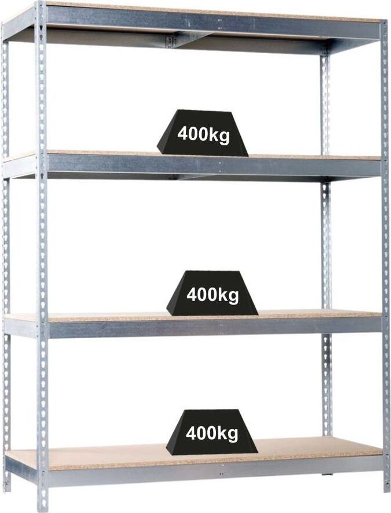 PROREGAL Schwerlastregal WOOD BEAST FOUR | HxBxT 200x240x60cm | 4 Ebenen | Fachlast 400kg | Verzinkt | Weitspannregal Werkstattregal Lagerregal Kel...