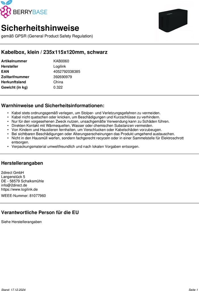 LogiLink Kabelbox - Kabelmanagement-Box - Schwarz Produktbild 8