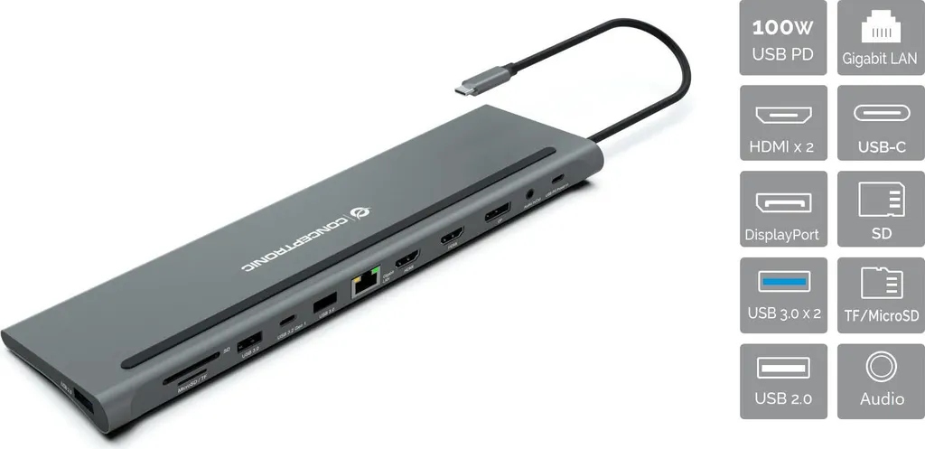 CONCEPTRONIC Dock USB-C vers HDMI DP GbE USB 3.0 PD 0.18m Gris Sidéral - 4