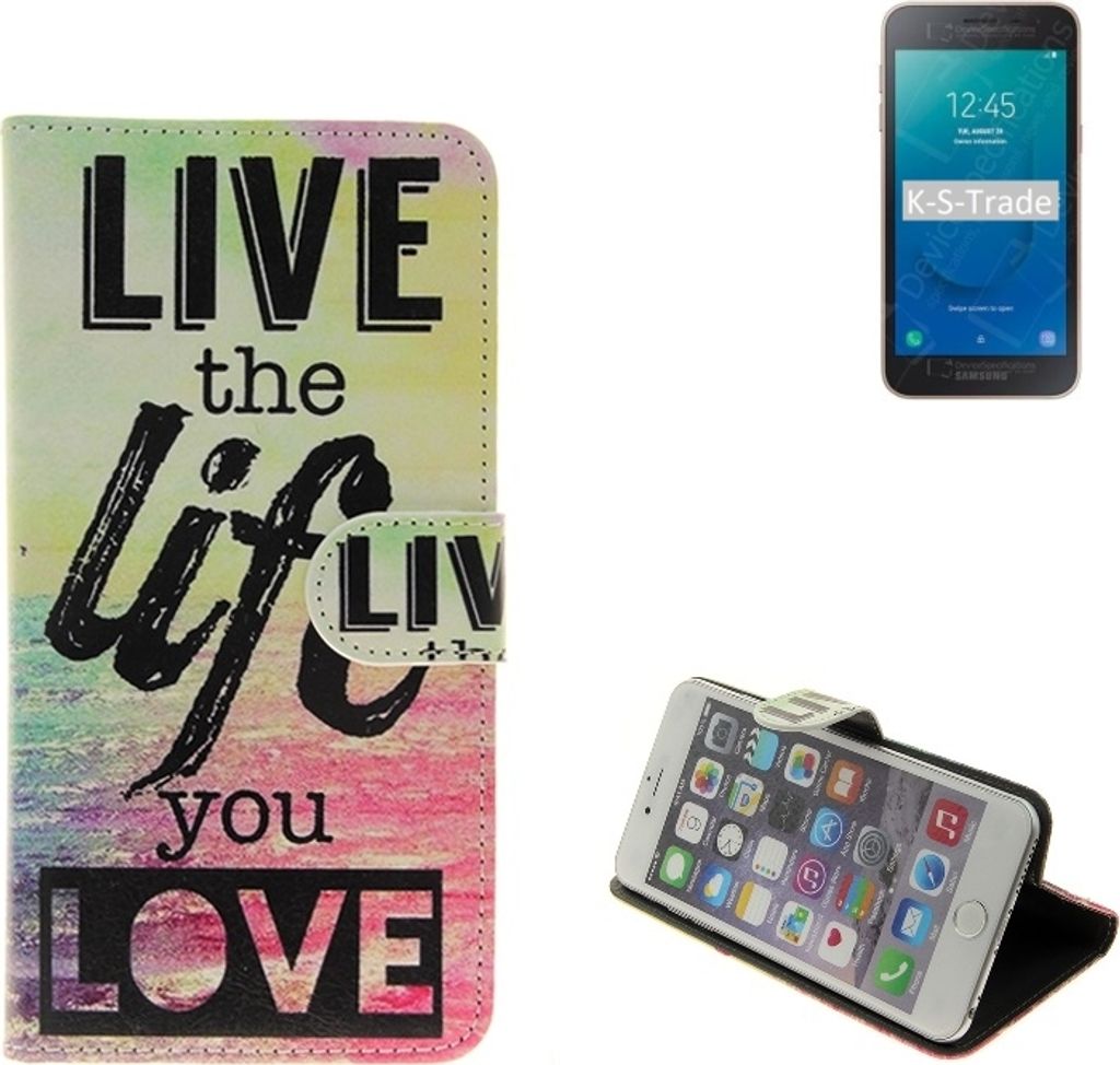 K-S-Trade Schutzhülle Handyhülle kompatibel mit Samsung Galaxy J2 Core 2020 360° Wallet Case ''live life love'' Klapphülle Tasche Etui Smartphone