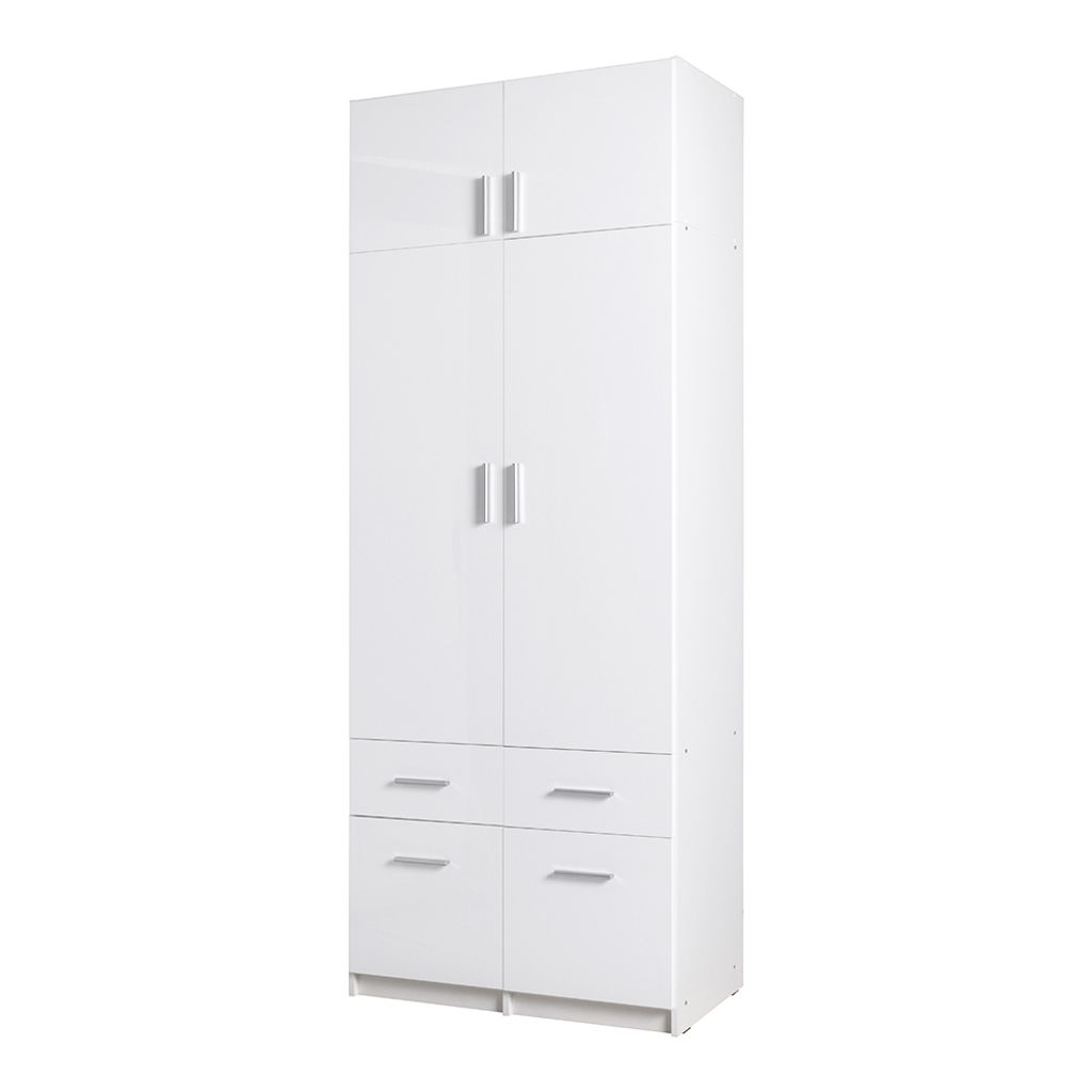 Kleiderschrank 2-türig mit Aufsatzschrank, 92cm breit, weiß Glanz, SELAWIK-166