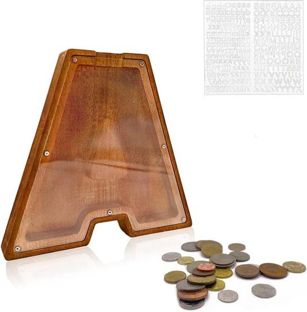 Tirelire bois XL Alphabet avec vitre transparente, design scandinave A-Z