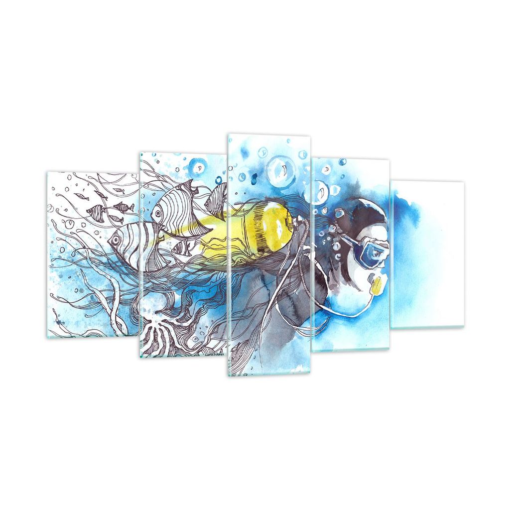 Bilder auf glas - Taucher Fische Illustration Hobby - 160x85cm - Glasbilder - Wandbilder - Kunstdruck - Wanddekoration aus Glas - Glas Bilder - Wan...