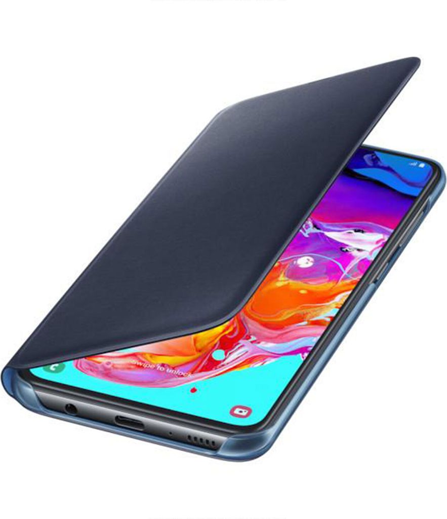 A dark blue book-style phone case is shown open, revealing the screen of a smartphone.