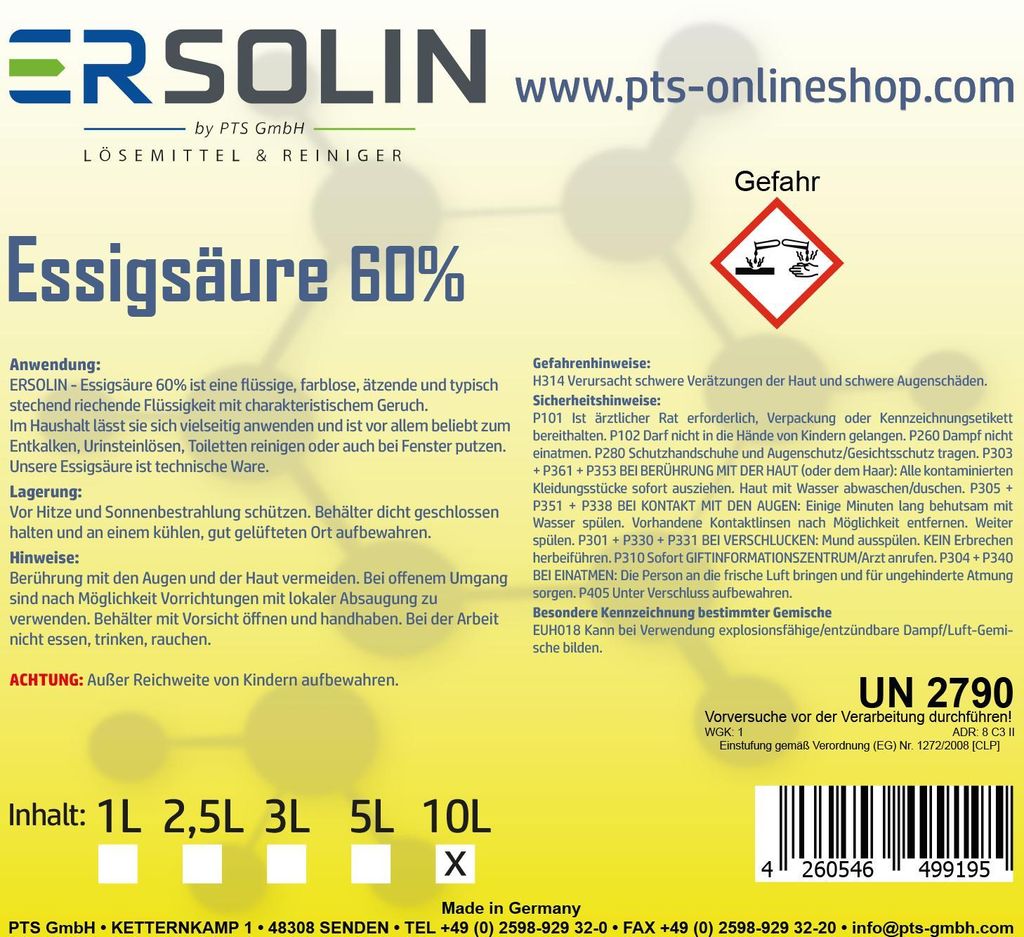 Essigsäure 60% 10 L Entkalker Reiniger sehr ergiebig auch Produktbild 