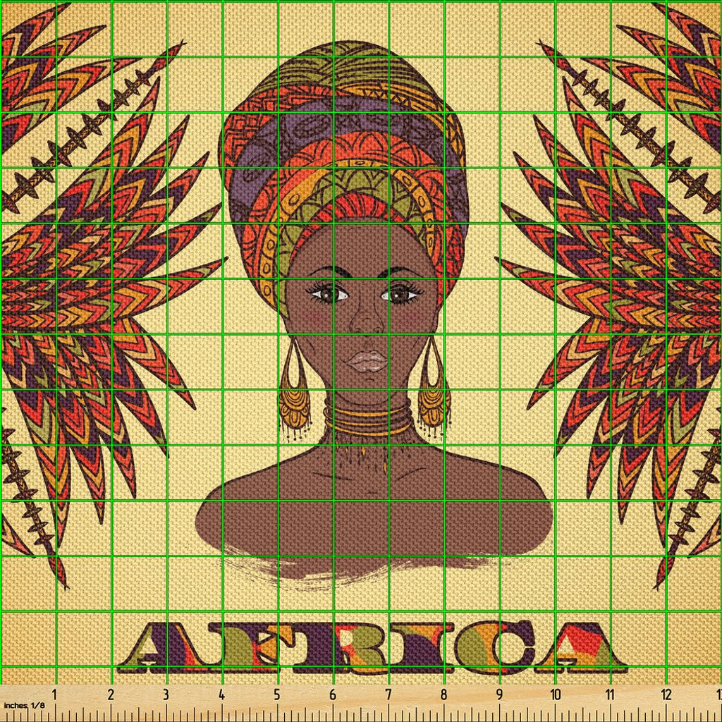 ABAKUHAUS afrikanisch Satin Stoff als Meterware, Ethnische Frau Traditionell Turban Palmen Volkskunst Muster, 10 M (148 x 1000 cm), Mehrfarbig