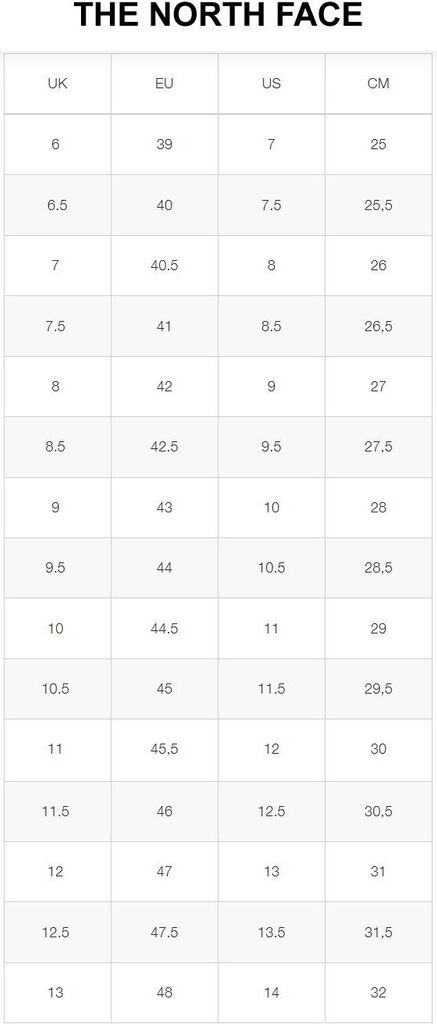 The north face shoes size chart discount