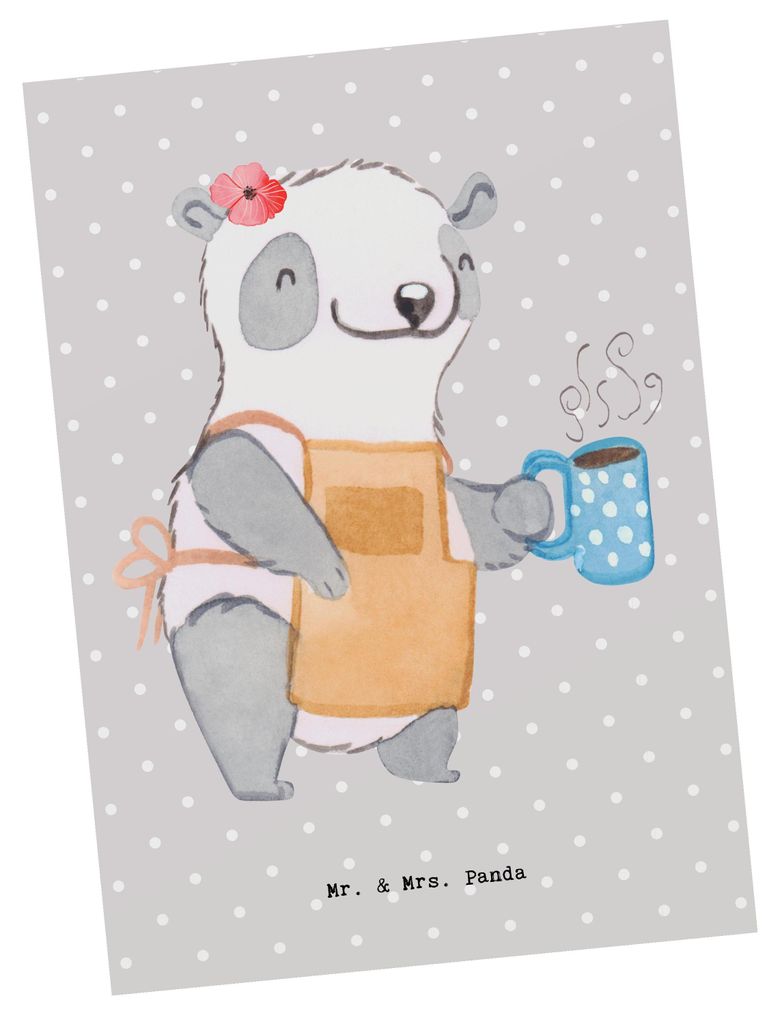 Mr. & Mrs. Panda Postkarte Barista Herz - Grau Pastell - Geschenk, Coffeeaddict, Herbst, Grußkarte, Kaffee, Ausbildung, Ansichtskarte, Postkarten,...