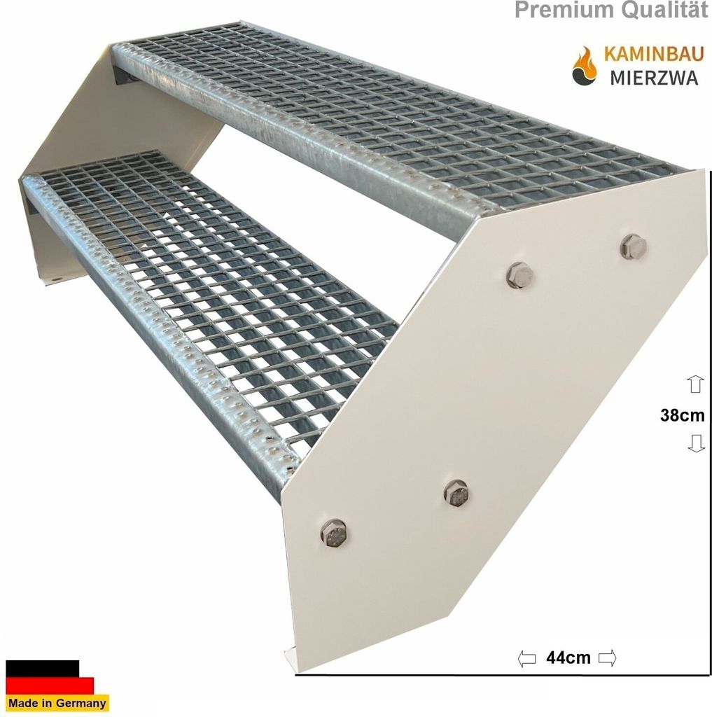 Gitterrost Stahl Wangentreppe 2 Stufen Verzinkt & Weiß Pulverlackierte Wangen - (L x B x H) 44cm x 60cm x 38cm