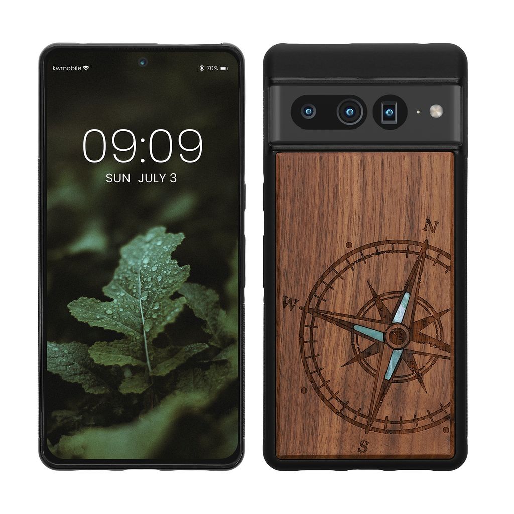 kwmobile Hülle kompatibel mit Google Pixel 7 Pro Hülle - Holz Case - Handy Cover - TPU Handyhülle in Dunkelbraun Vintage Kompass mit Perlmutt