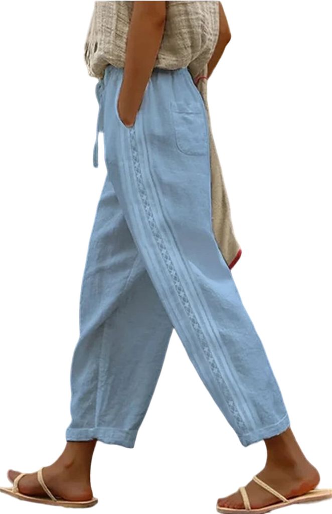 ASKSA Damen Leinenhosen 7/8 Sommer Leicht Leinen Baggy Hosen Freizeithose mit Taschen, Hellblau, Groesse: M