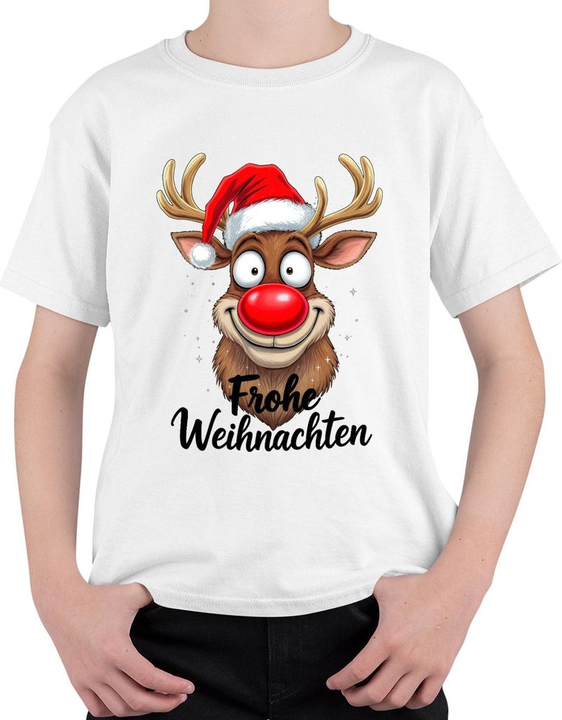 Frohe Weihnachten Lustiges Rentier Rudolf Weihnachtsmütze Cartoon Uni Kinder T-Shirt, Weiß, 104
