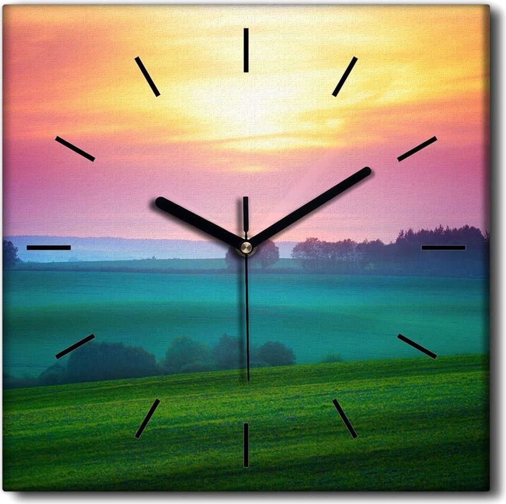 Coloray Uhr auf Leinwand 30x30 cm Wand Uhr Dekoration Wohnzimmer Segeltuch schwarze Hände -Landschaftsunrise