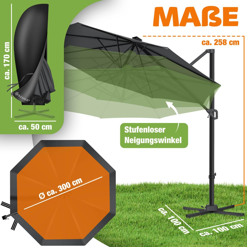 KESSER® Sonnenschirm Ampelschirm SUN Ø330cm, 7-fach Produktbild 