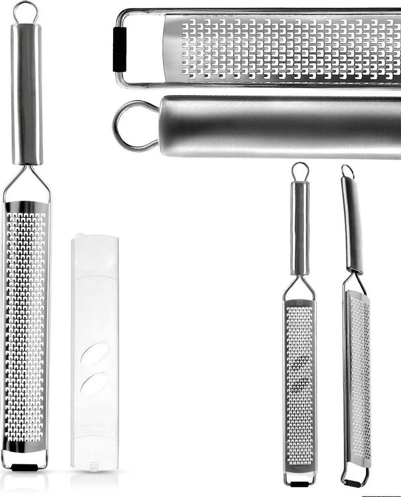 A collection of stainless steel graters and a protective sleeve, presented against a white background.