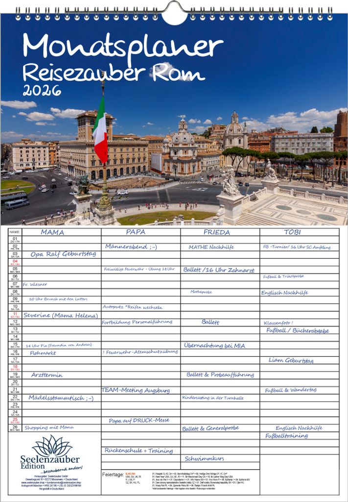 Reisezauber Rom Planer Familienplaner 4 Spaltenplaner DIN A3 Kalender für 2026 Urlaub Mediterran Italien - Seelenzauber