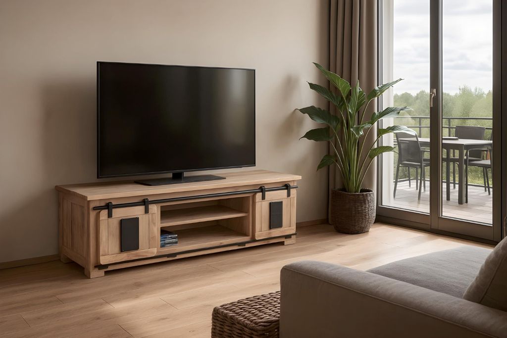 Lowboard Libro VII, Akazienholz massiv + naturfarben, TV-Board/Fernsehkommode mit 2 Holzschiebetüren, 2 Schubfächer & 5 offenen Fächern, Türele...