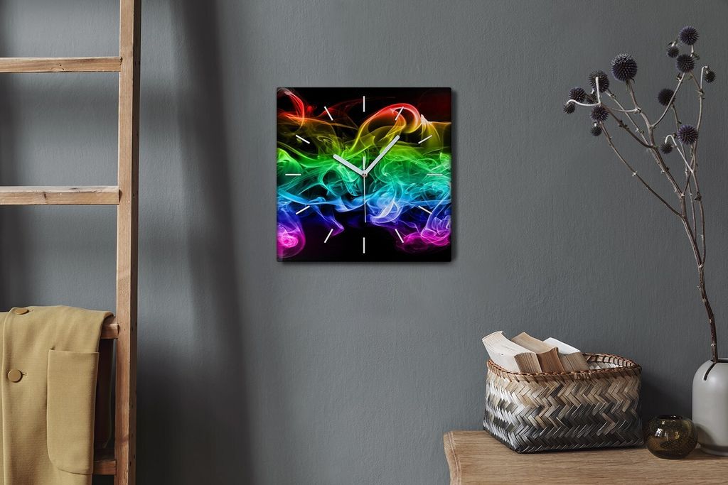 Coloray Hodiny Unikátní 30x30 cm Tiché hodiny Pro obývací pokoj a kuchyň Nástěnné hodiny Plátno Bílé ručičky hodin - barevný kouř