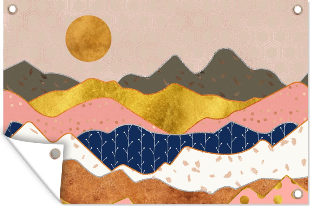 MuchoWow 120x80 cm Outdoor-Poster Gartendeko Sichtschutz Garten Poster für den Garten Muster - Gold - Pastell