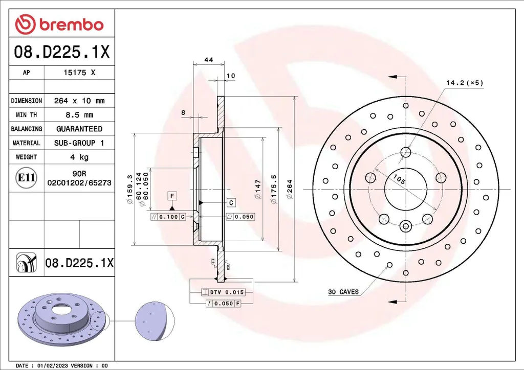 Disque de Frein Brembo 08.D225.1X pour Sécuriser votre Astra K OE 135146