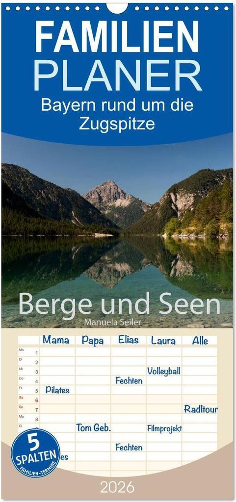 Familienplaner 2026 - Berge und Seen rund um die Zugspitze mit 5 Spalten (Wandkalender, 21 x 45 cm) CALVENDO
