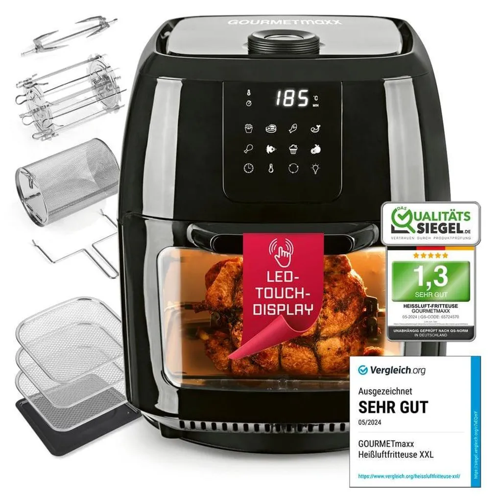 GOURMETmaxx Friteuse à air chaud numérique XXL 9L avec tournebroche inox