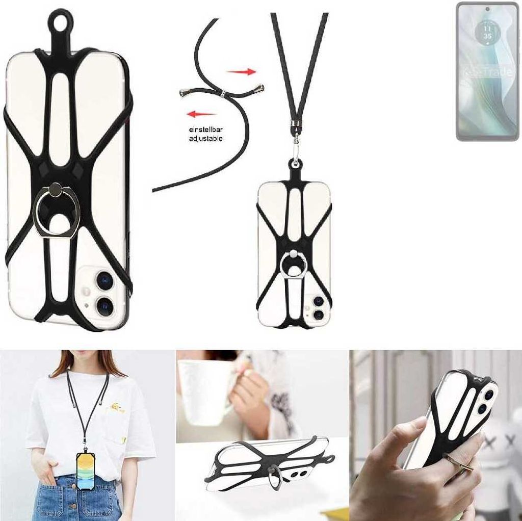 K-S-Trade 3in1 Handykette Handyband Handykordel Halsband Smartphone-Ring Handy-Ring kompatibel mit Motorola Moto E14 Fingerhalterung Handyring