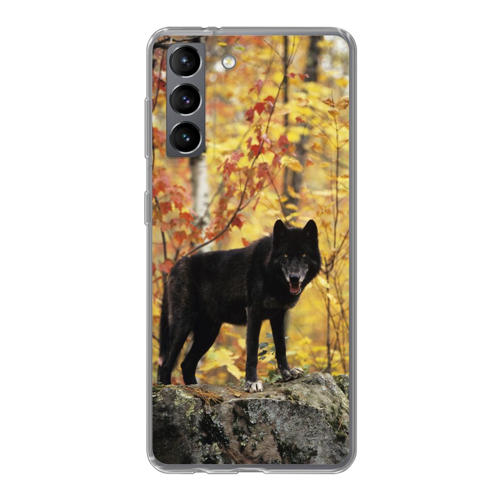 MuchoWow Handyhülle Schutzhülle Hülle für Samsung Galaxy S21 Wolf - Fels - Baum Silikon Softcase Handy Hülle - Softcase