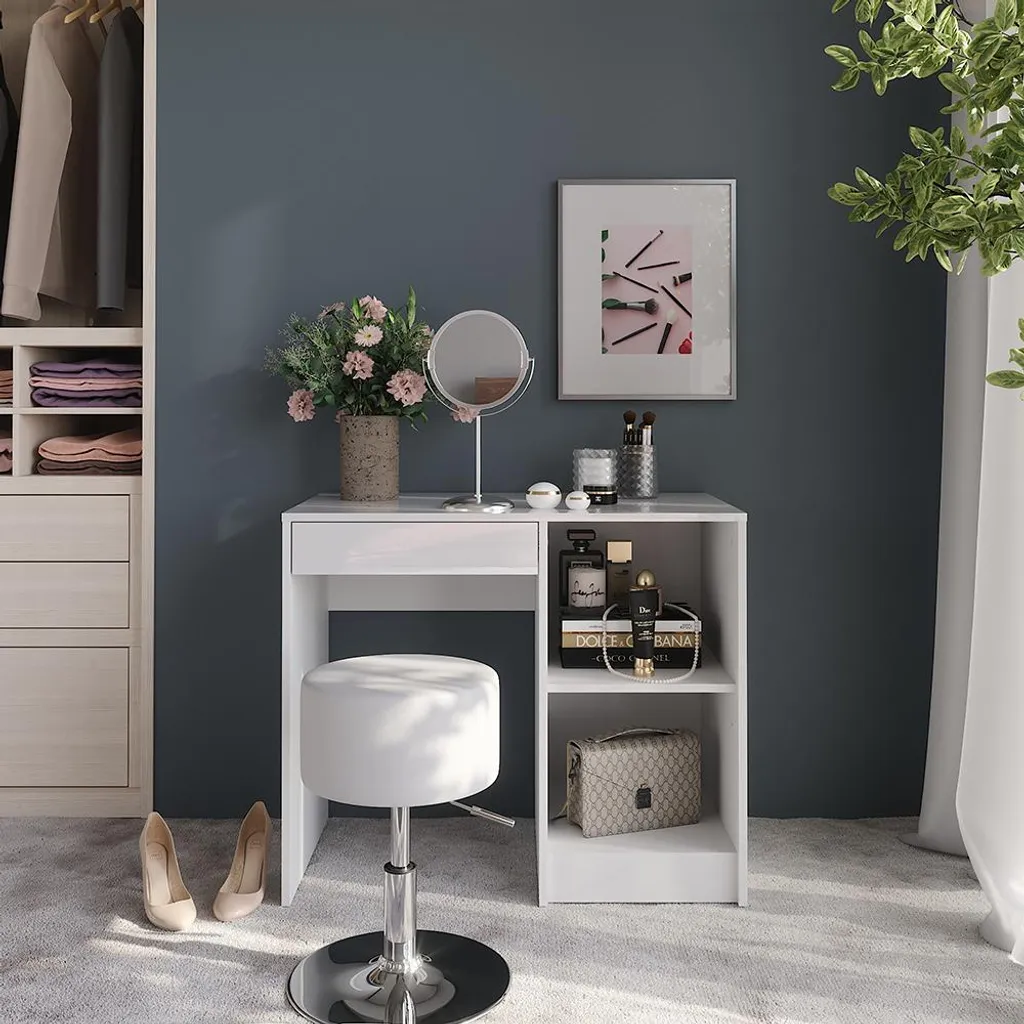 Coiffeuse 90cm blanc brillant Vicco Sherry avec miroir et son tabouret