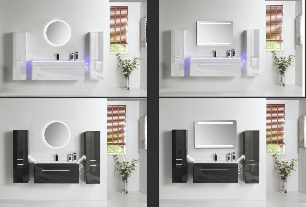 Badmöbel-Set mit LED-Spiegel & Soft-Close, 90/120 cm, Spiegel:LED-Rundspiegel Beschlagfrei, Seitenschrank:2x Seitenschrank Links 2x Seitenschrank ...
