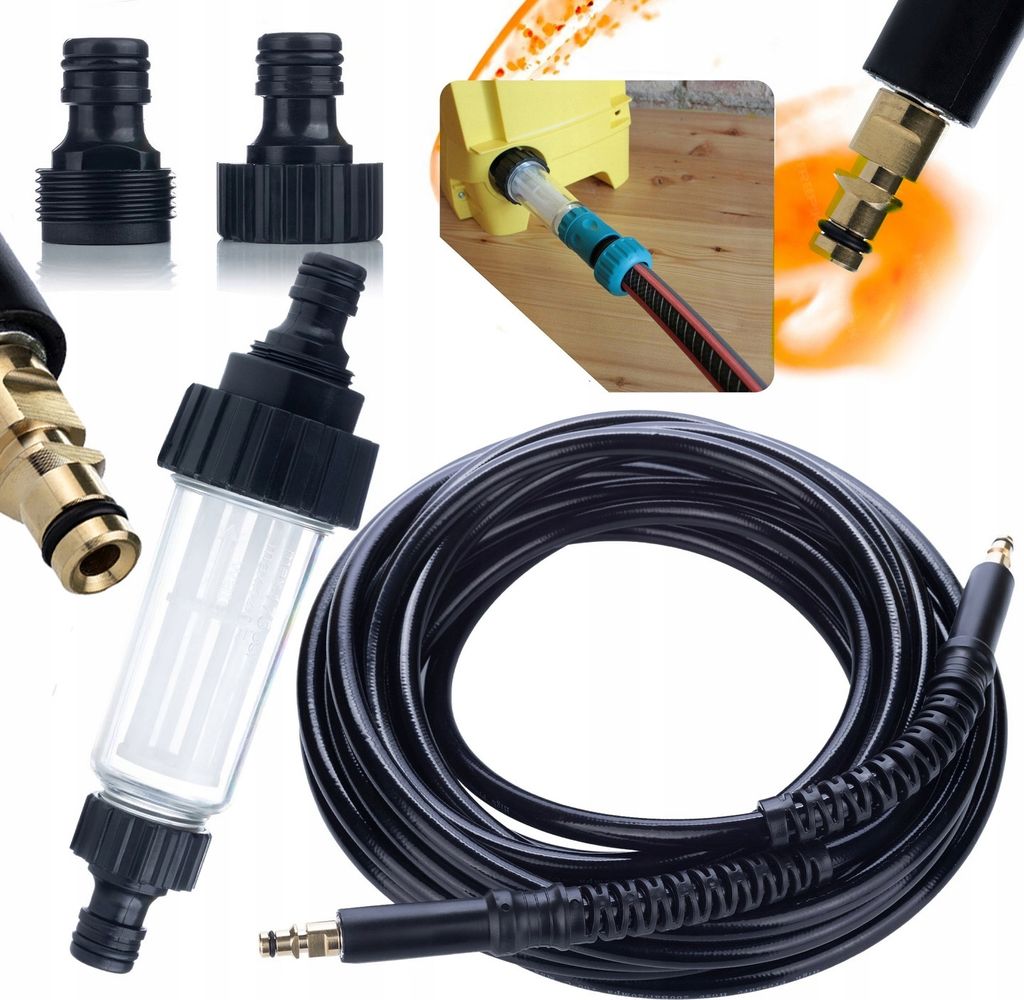 Rosfix 10 m Click-Click Hochdruckschlauch für Kärcher K2 K3 K4 K5 K6 K7 Hochdruckreiniger + Universal-Wasserfilter für Kärcher Hochdruckreiniger
