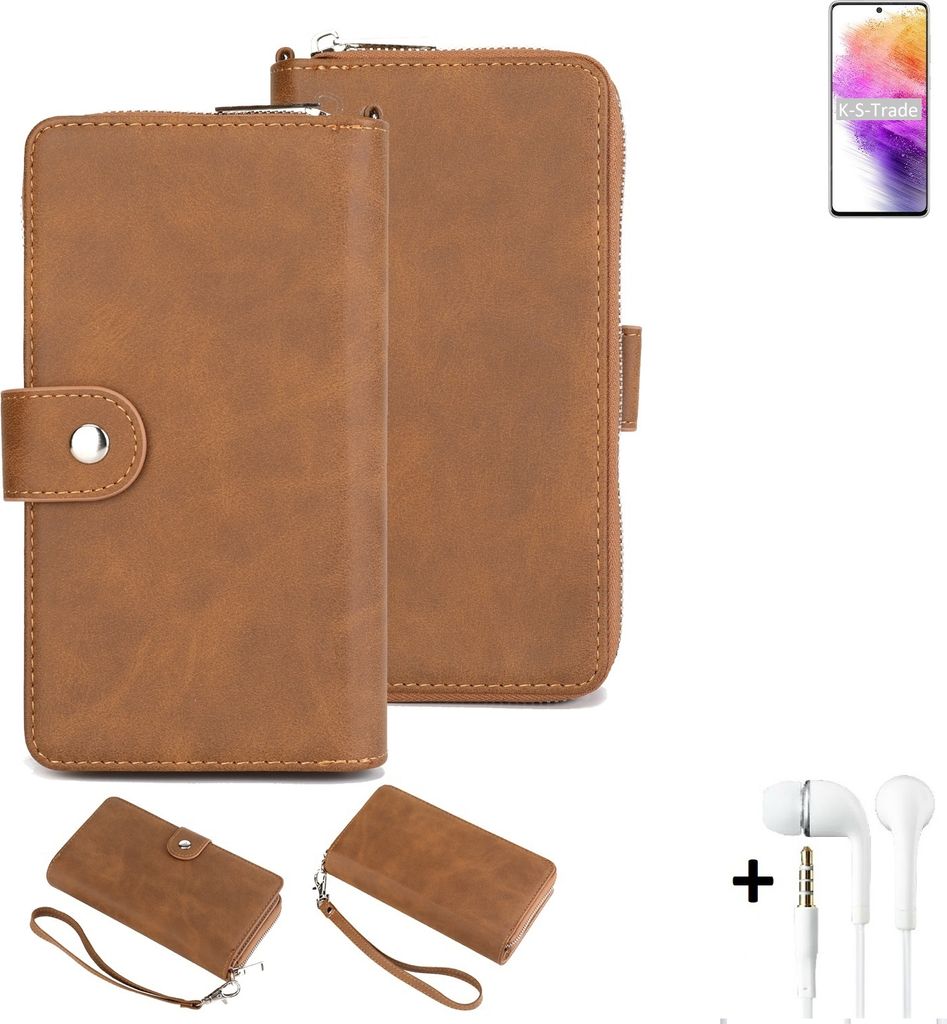 K-S-Trade Handy Schutz Hülle kompatibel mit Samsung Galaxy A73 5G + Kopfhörer Portemonnee Tasche Wallet-Case Bookstyle-Etui braun (1x)