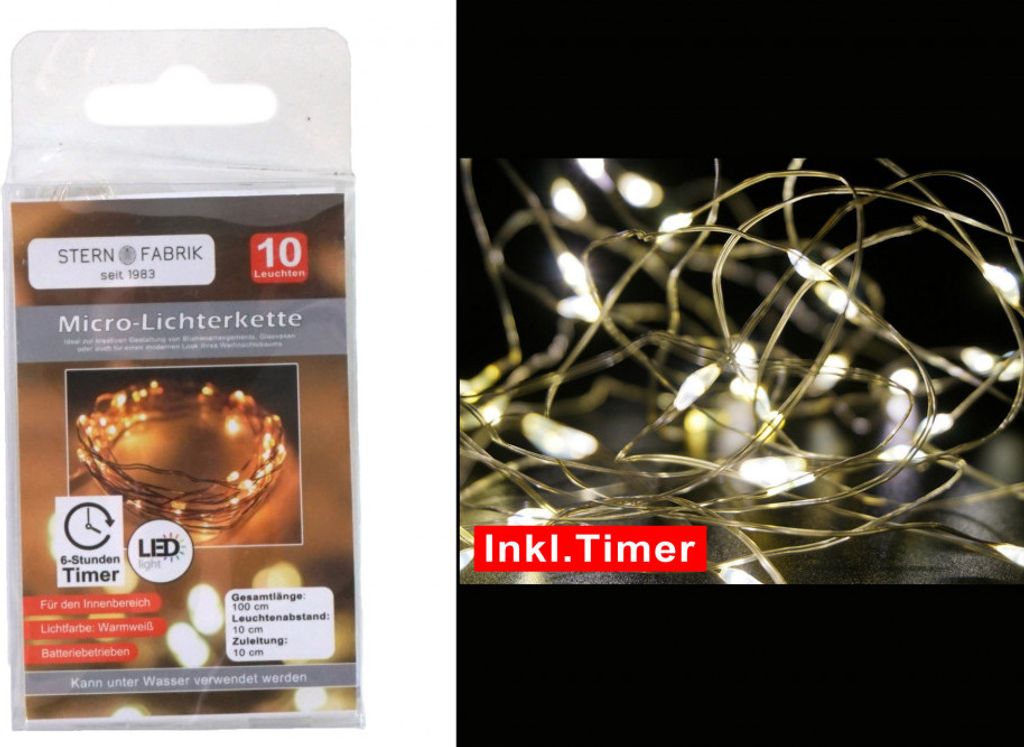 10er LED Drahtlichterkette Batterie Timer warmweiß Wasser Produktbild 