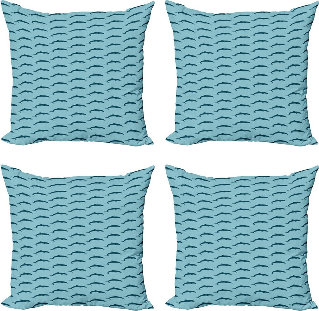 ABAKUHAUS Delfin Kissenbezug Set (4 Stück), Marine Wasserfauna, Moderner Doppelseitiger Digitaldruck, 45 cm x 45 cm, Blassblau Dunkelblau