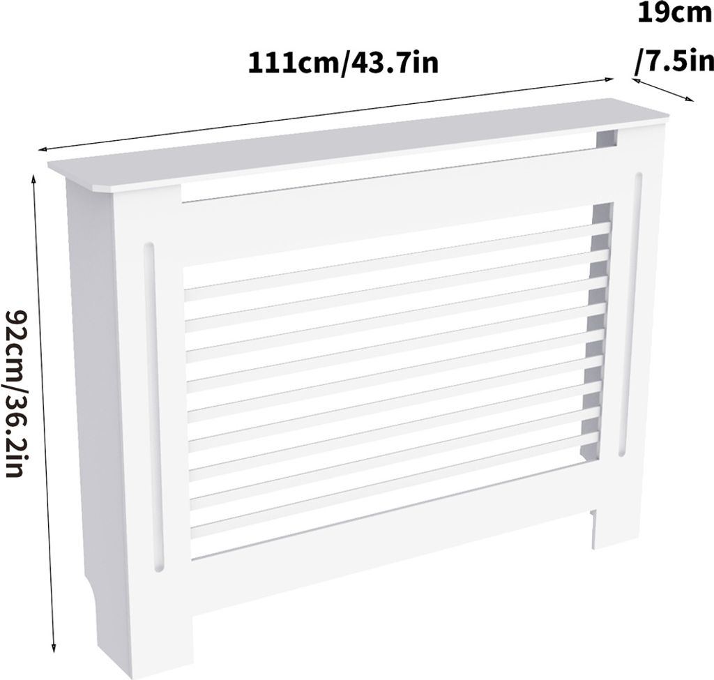 A white radiator cover with dimensions indicated.