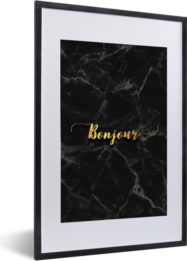 MuchoWow Gerahmtes Poster Zitat - Bonjour - Gold - Marmor 40x60 cm - Poster mit Schwarzem Bilderrahmen Wandposter Rahmen Foto Bilder - Poster in ...