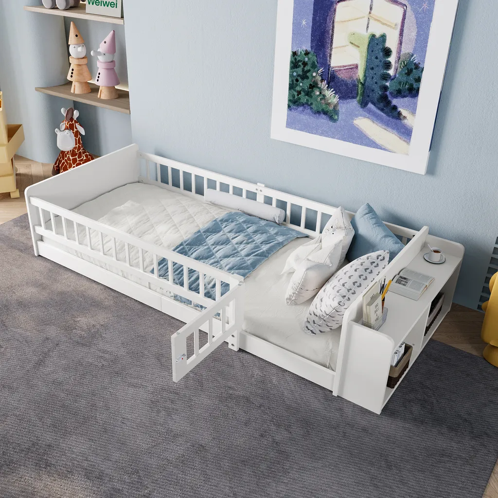Lit enfant anti-chute 90x200cm bois blanc avec barrières et rangement