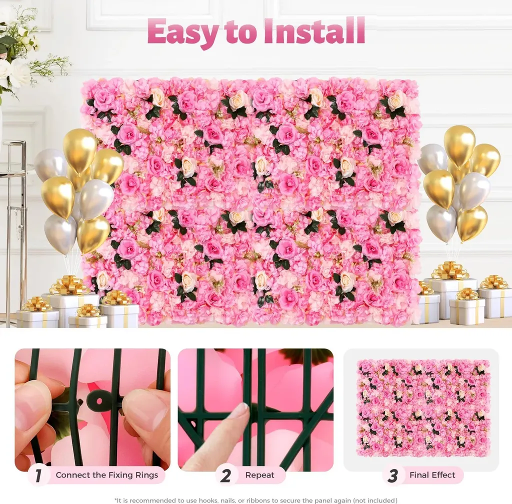 Mur de Fleurs Artificielles pour Décoration Mariage - 12 Panneaux Rose - 10