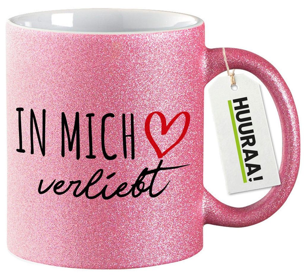 Huuraa Glitzertasse In mich verliebt 330ml Pink Keramik Kaffeebecher Geschenkidee