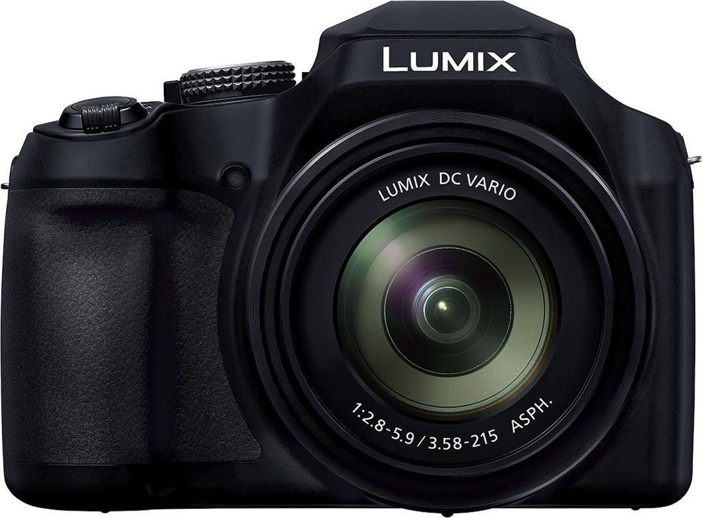 A black Panasonic Lumix digital camera is shown from the front against a white background.