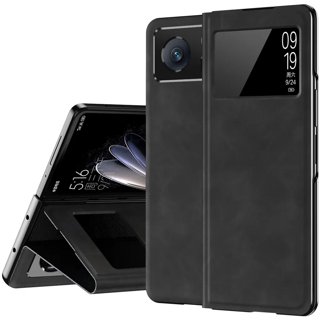 Custodia sottile in pelle flip per Xiaomi Mix Fold 2, con finestra di visualizzazione e funzione stand nero