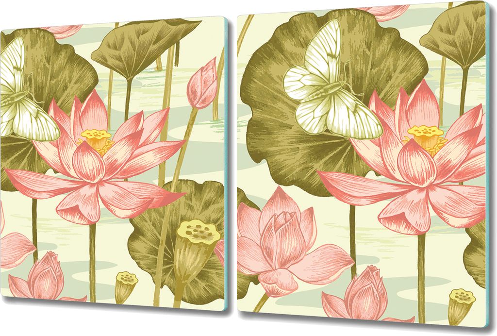 Glas Schneidebrett Herdabdeckplatten Schneideplatten - 2x 40x52 cm - Retro Lotusblume