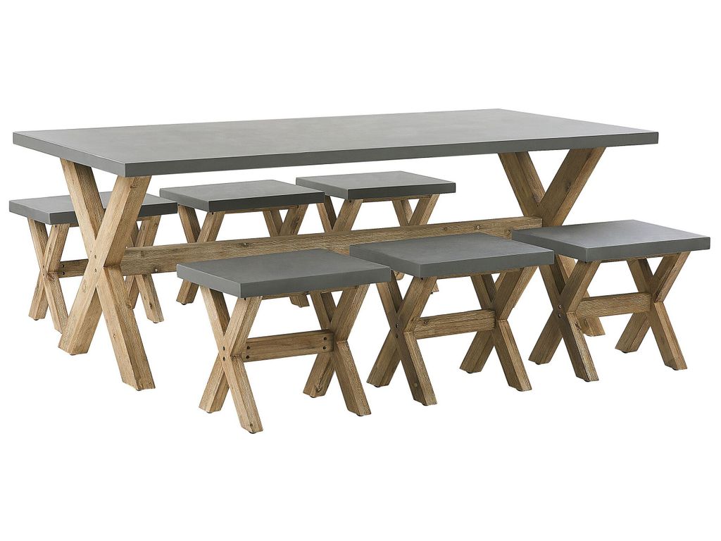 BELIANI Gartenset Tisch 200x100 cm und 6 Hocker Beton Akazienholz-Gestell rustiklaler Look Gartenausstattung Gartenmöbel Garten und Terrasse