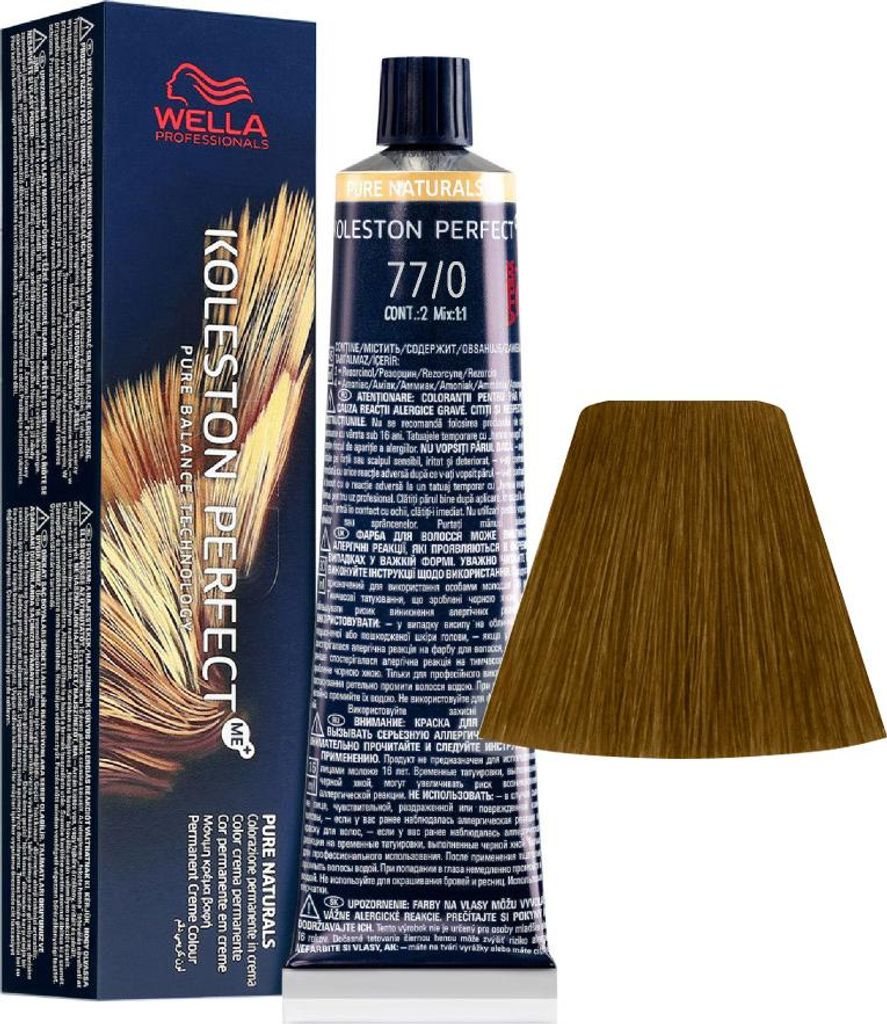 A box of Wella Koleston Perfect hair dye and a tube of the product are shown next to a swatch of the hair color.