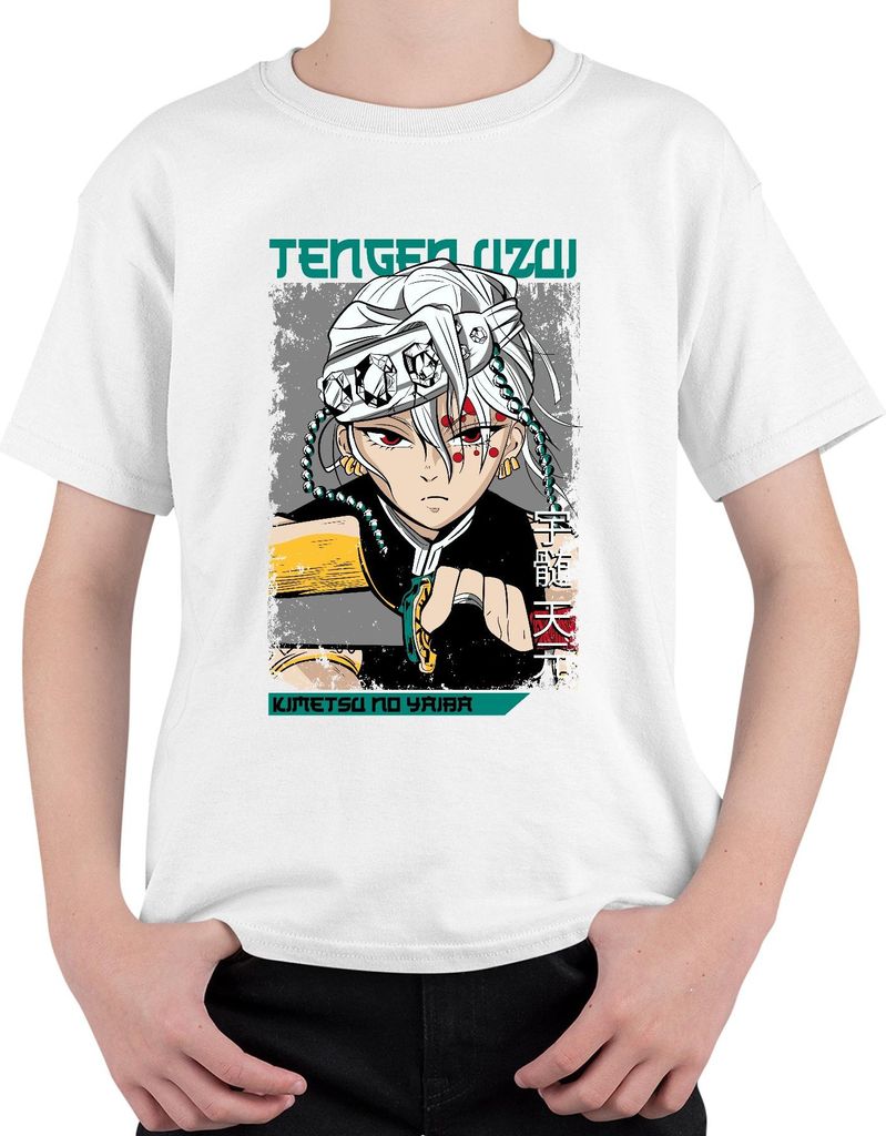 Tengen Uzui Kimetsu no Yaiba Sound Hashira Anime Geschenk Japan Y2K Streetwear Uni Kinder T-Shirt, Weiß, 128