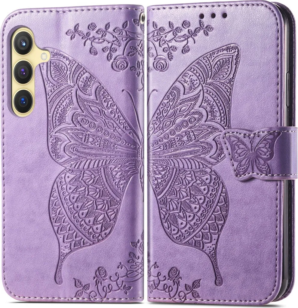 Per Samsung Galaxy S25 5G Custodia in Pelle finta per telefono cellulare con design a farfalla Custodia viola chiaro