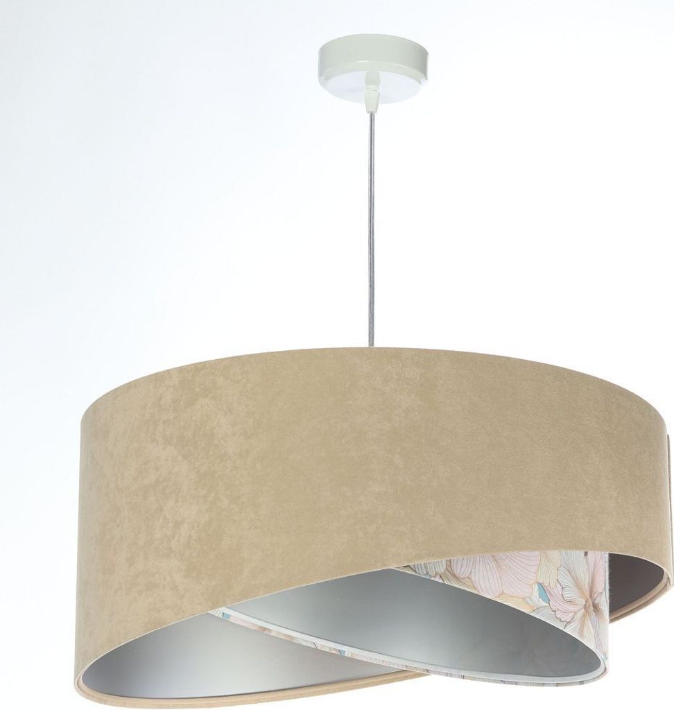 Pendelleuchte Stoff E27 rund Ø 50 cm H: max. 102 cm in Weiß Beige Creme (Abstrakt-Floral Print) Silber Hängelampe