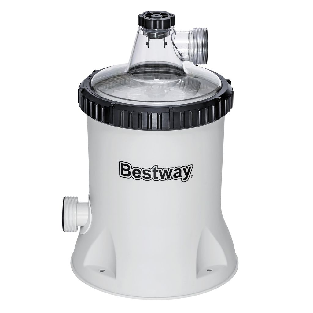 A white Bestway pool filter pump with a clear lid and black accents, shown against a white background.