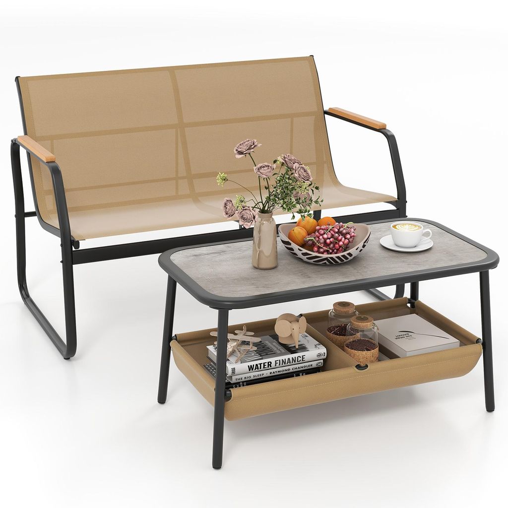 COSTWAY Gartenmöbel, 2-Sitzer Gartenbank mit Couchtisch & Produktbild 